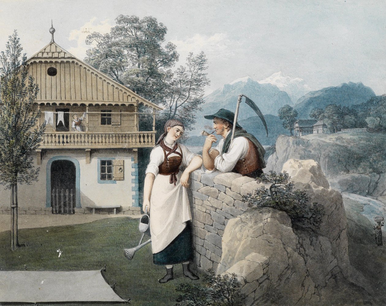 Menina, com, lata molhando, e, agricultor, com, foice, frente, um, casa gabled de Friedrich Philipp Reinhold