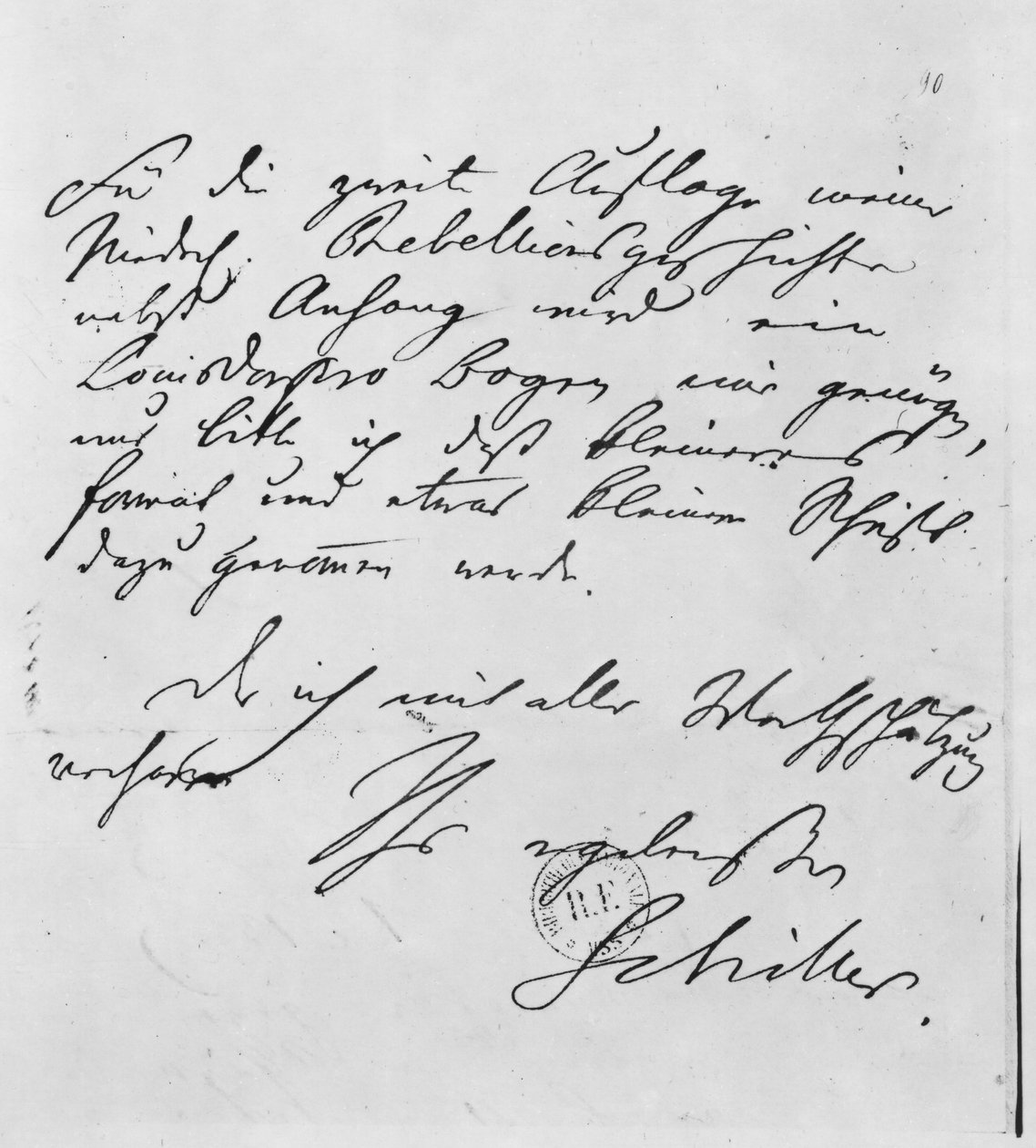 Página de texto com sua assinatura de Friedrich Schiller