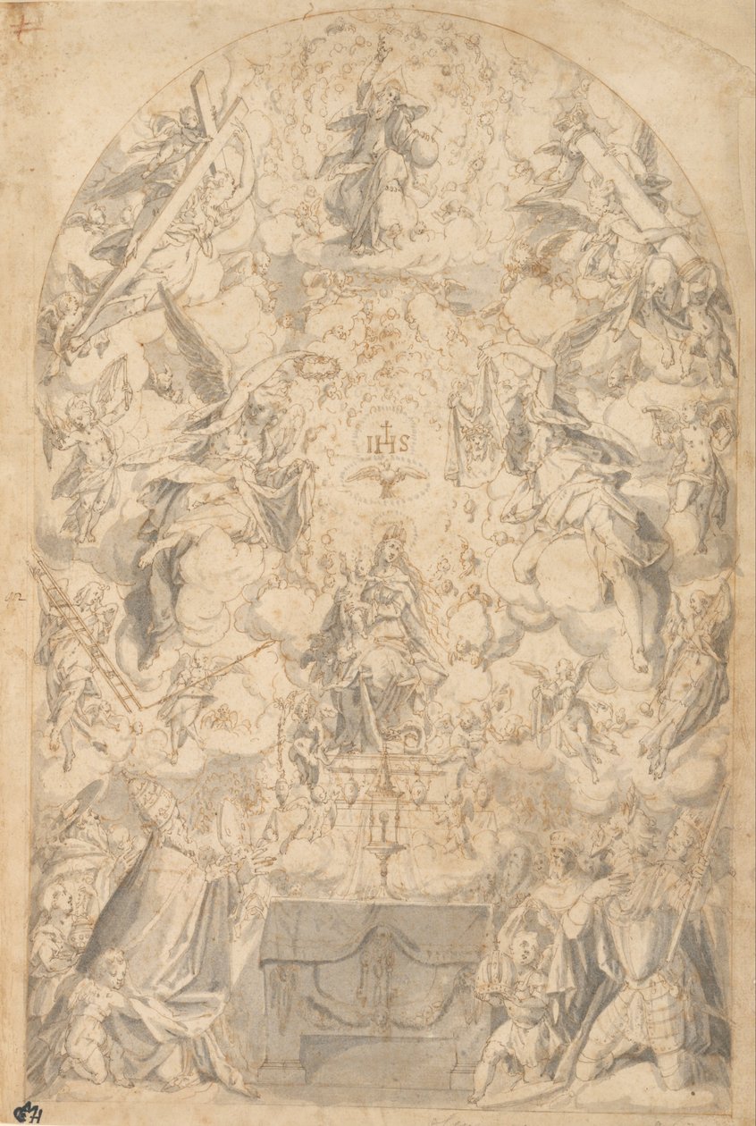Madonna e criança com anjos carregando símbolos da paixão de Friedrich Sustris