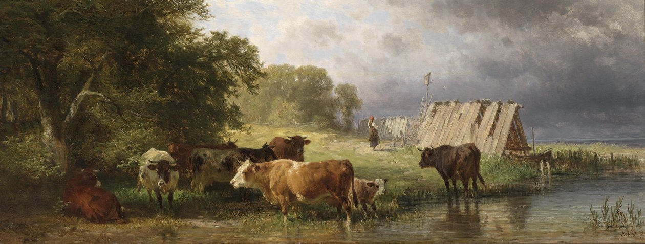 Resto do rebanho de vacas na margem do lago de Friedrich Johann Voltz