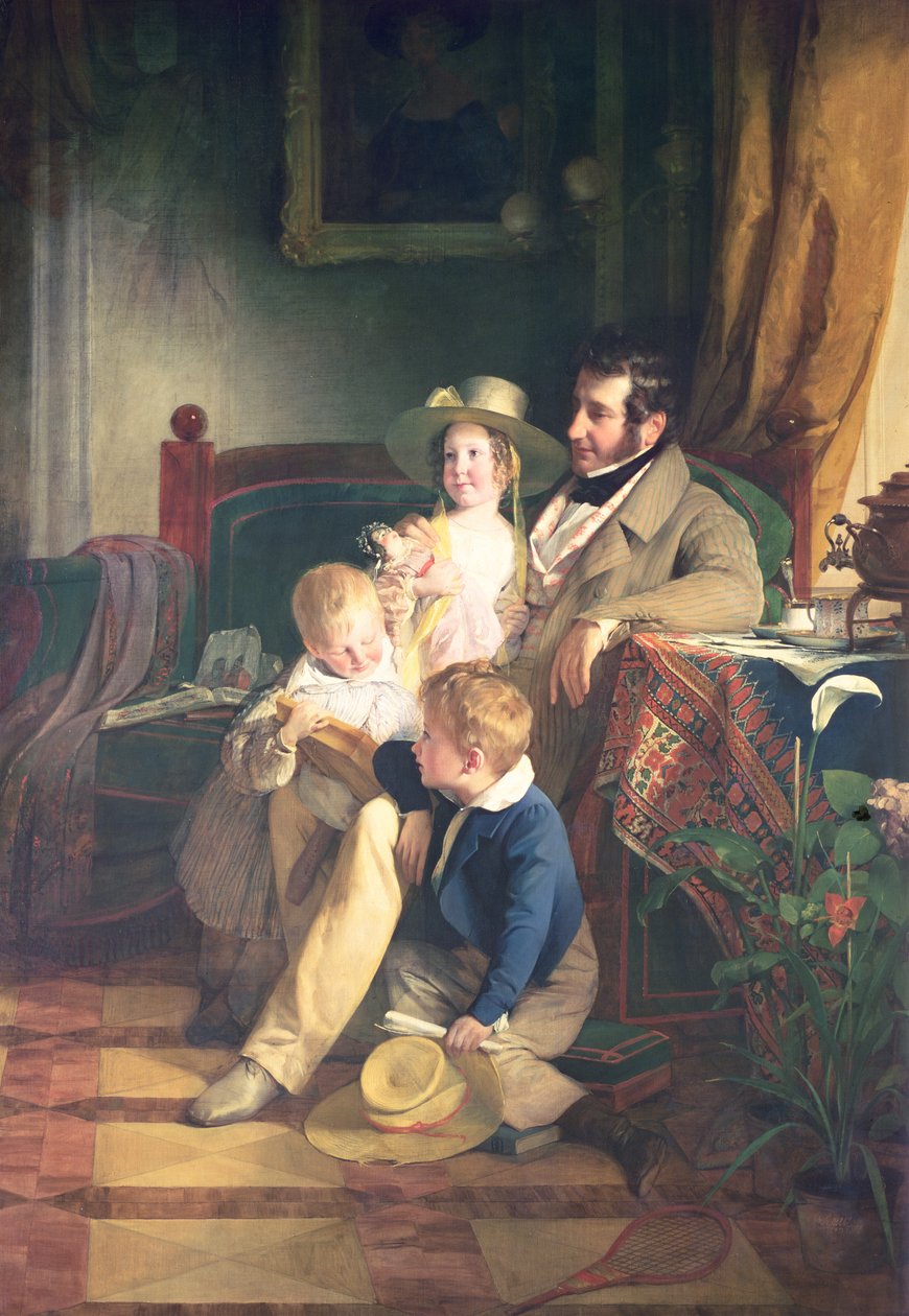Rudolf von Arthaber (1795-1867) com seus filhos Rudolf, Emilie e Gustav olhando para o retrato de sua falecida mãe, 1837 de Friedrich von Amerling