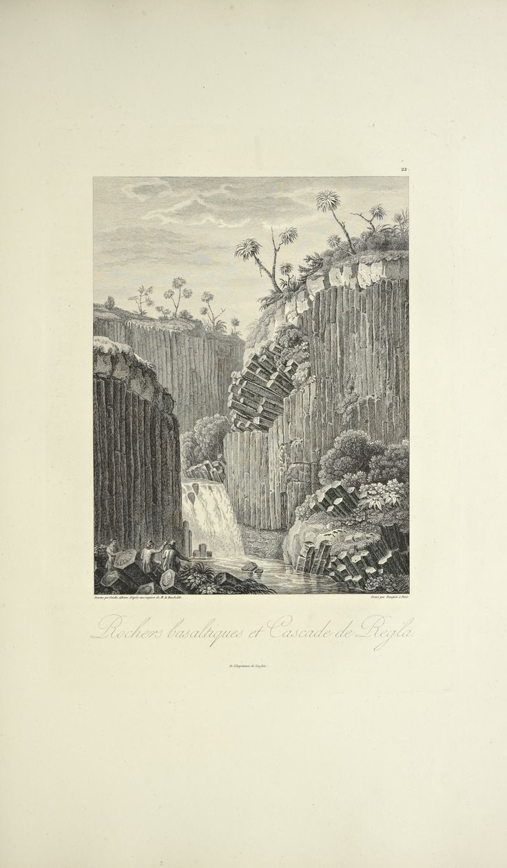Basalt Rocks and the Cascade de Regla, desenhado por Gmelin, gravado por Bouquet, ilustração de 