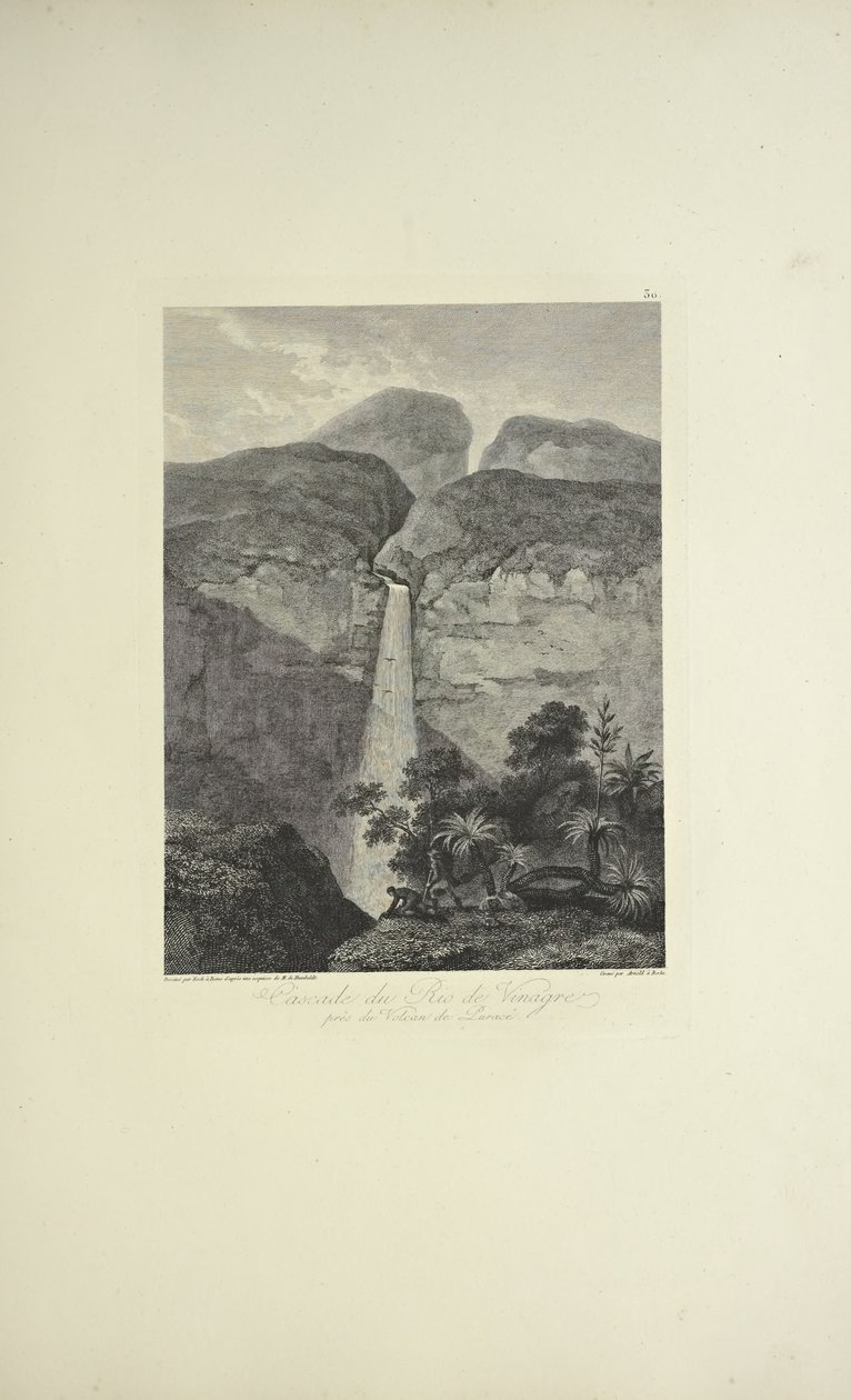 Quedas do Rio de Vinagre, perto do Vulcão do Purace, desenhadas por Koch, gravadas por Arnold, ilustração de 