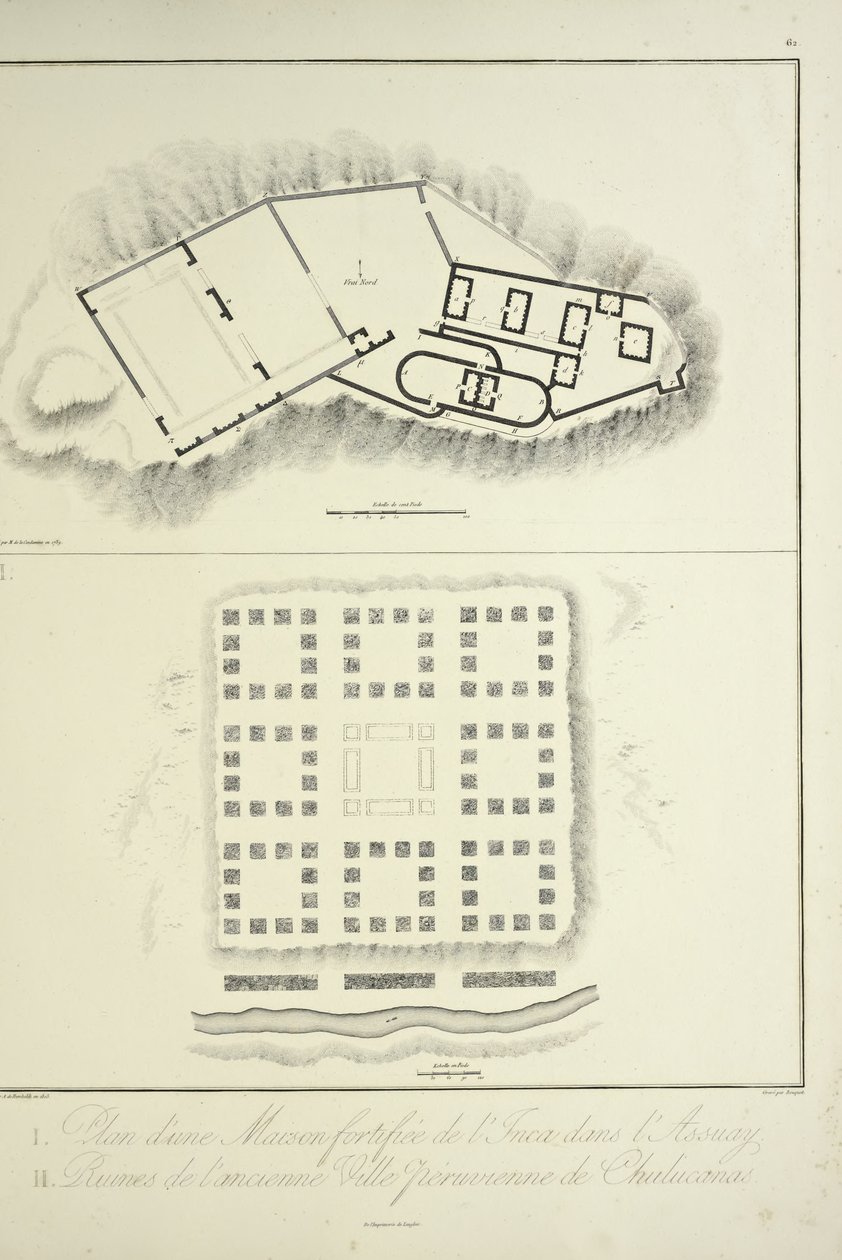 Plano de uma residência inca fortificada em Assuay; e Ruínas da Antiga Cidade Peruana de Chulucanas, gravada por Bouquet, ilustração de &39;Vistas das Cordilheiras e Monumentos dos Povos Indígenas da América&39;, de Alexander von Humboldt e Aime Bonpland de Friedrich Alexander Baron von (after) Humboldt