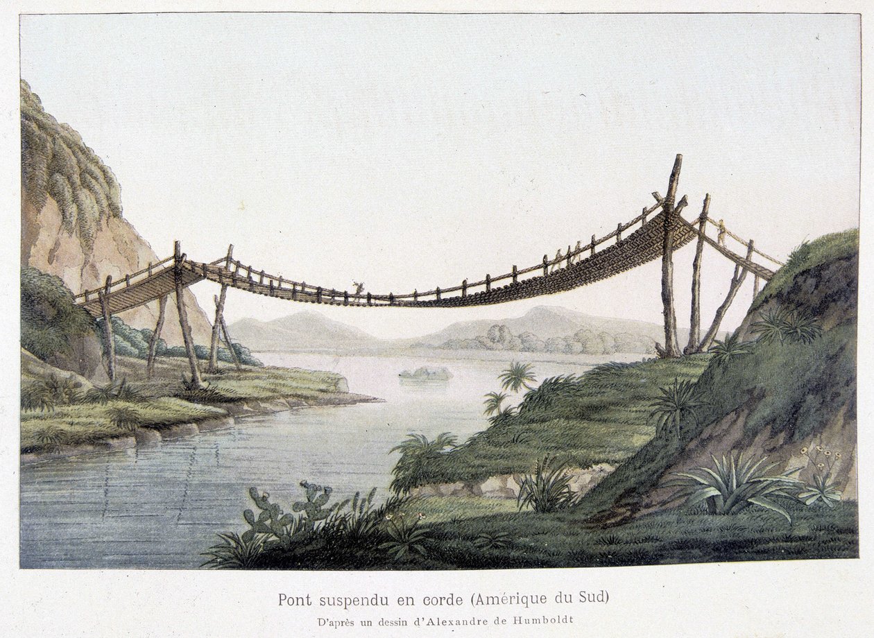 Ponte suspensa por corda na América do Sul, baseada num desenho de Alexander Von Humboldt (Alexander de Humboldt de Friedrich Alexander Baron von (after) Humboldt