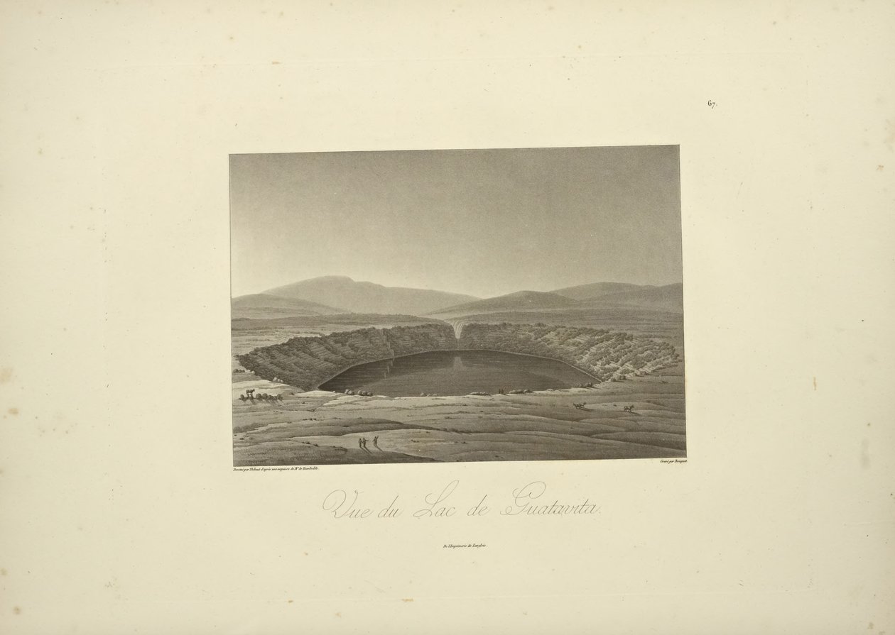 Vista do Lago de Guatavita, desenhada por Thibaut, gravada por Bouquet, ilustração de 