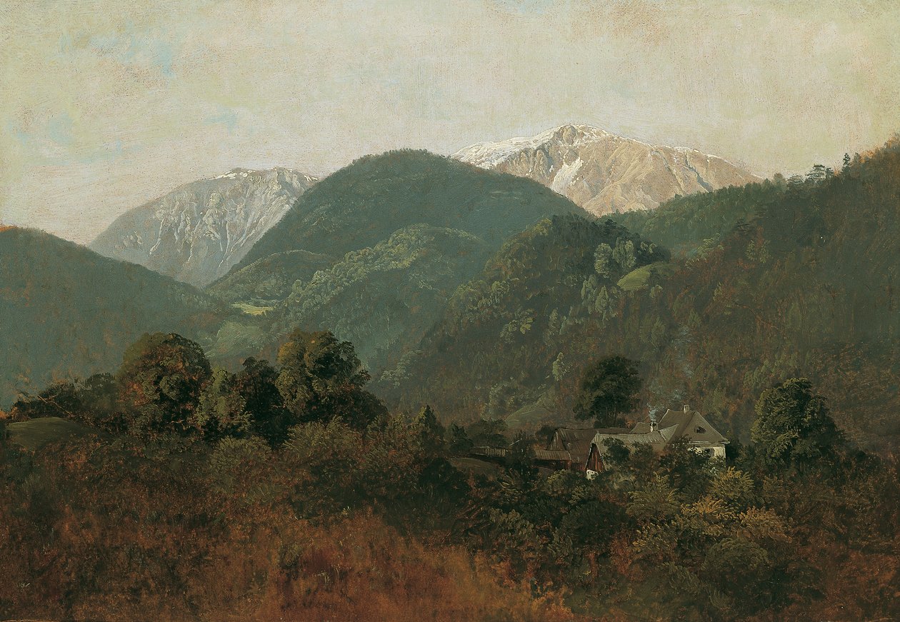 Vista de Scheuchenstein a Gauermannhof com Schneeberg ao fundo de Friedrich August Mathias Gauermann