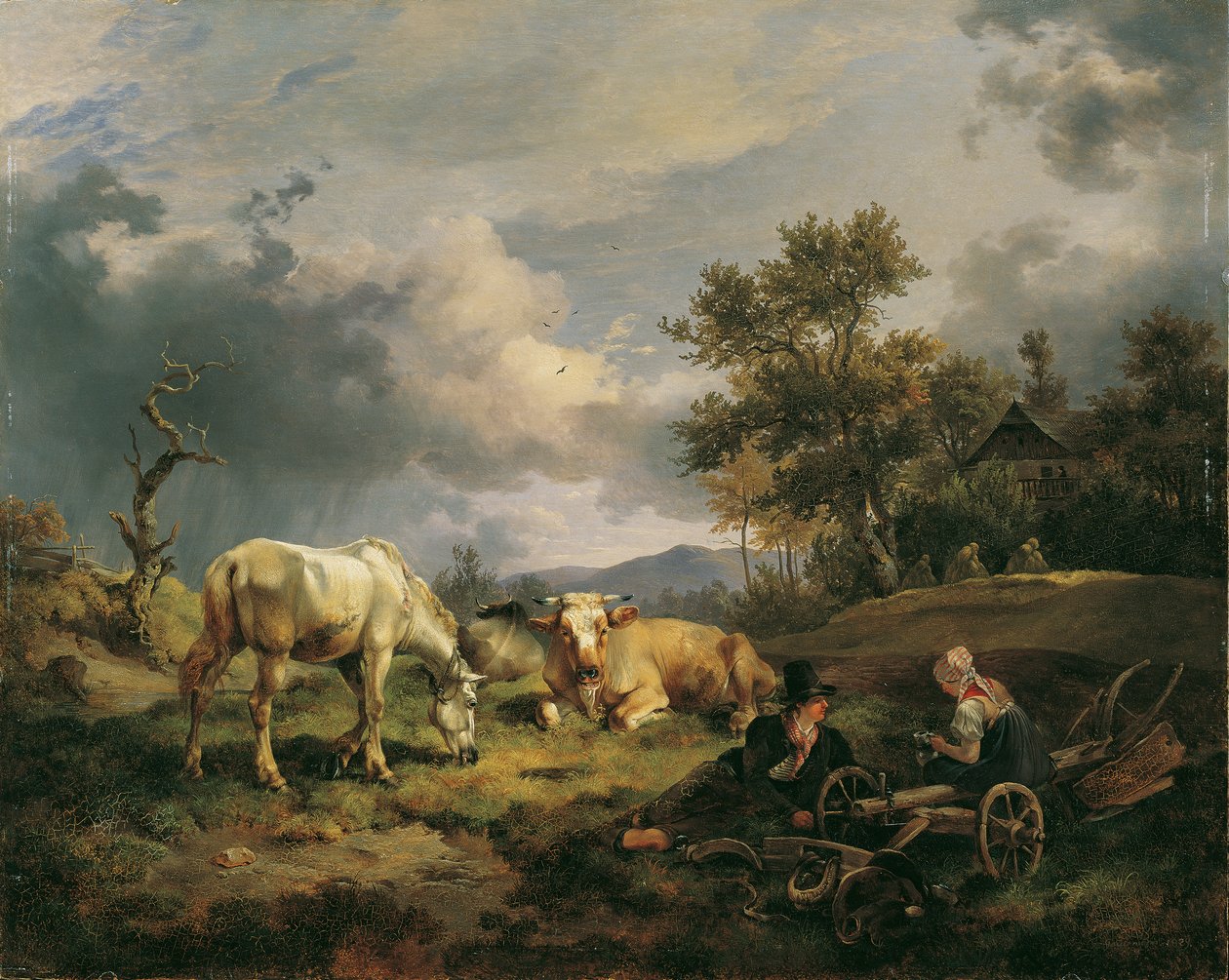 Jovem casal de agricultores a descansar no campo de Friedrich August Mathias Gauermann