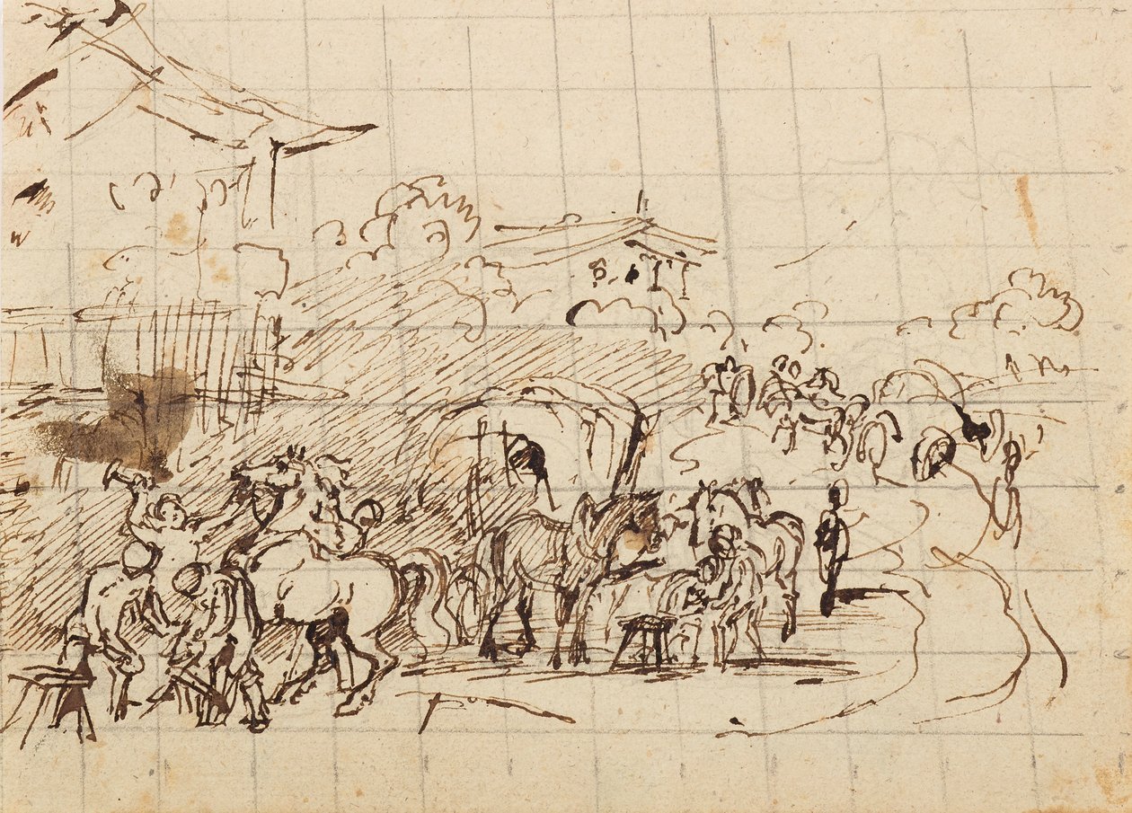 Cavalos na frente de uma forja de Friedrich August Mathias Gauermann