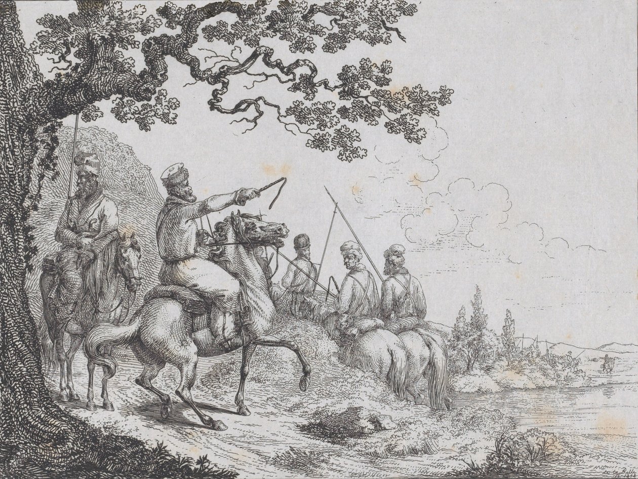 Cossacos cavalgando ao longo da margem do rio, 1814. de Friedrich August de La Belle