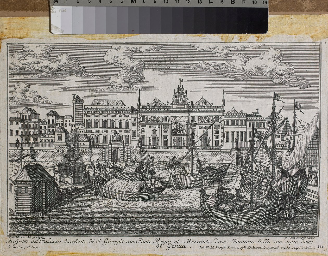Plano de Génova representando a Ponte Real, a Ponte Nova de Mercanzia e o Palácio de São Jorge visto do mar, c.1750 (gravura) de Friedrich Bernhard Werner