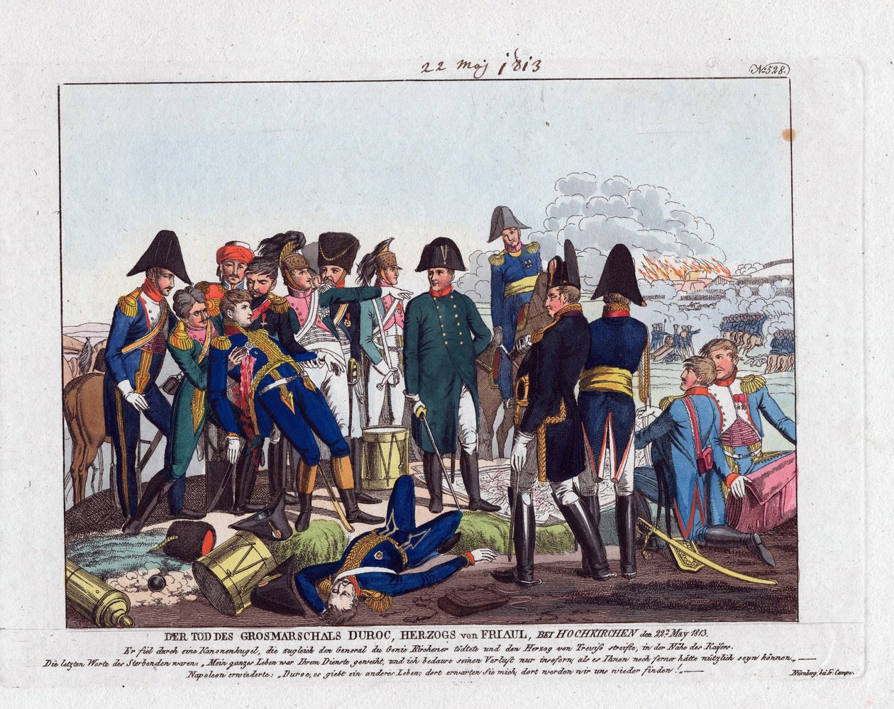 A morte do Marechal Duroc em Hochkirchen em 22 de Maio de 1813 (bataille de Bautzen ou Wurschen) - Campe, August Friedrich Andreas (1777-1846) - Gravura, aguarela - 24x28,5 - Colecção Privada de Friedrich Campe