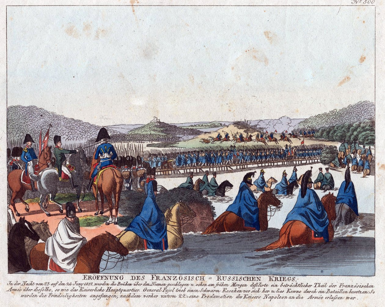 O início da Invasão Francesa da Rússia - Campe, August Friedrich Andreas (1777-1846) - Gravura, aguarela - 20,5x26,2 - Coleção Privada de Friedrich Campe
