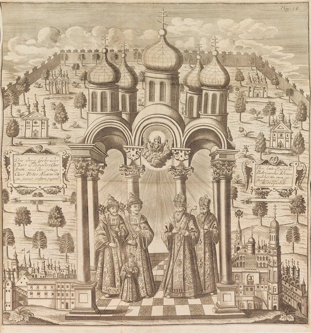 Feodor III, Pedro I, Ivan V e Patriarca Adrian I. Da Rússia Passada..., de Friedrich Christian Weber