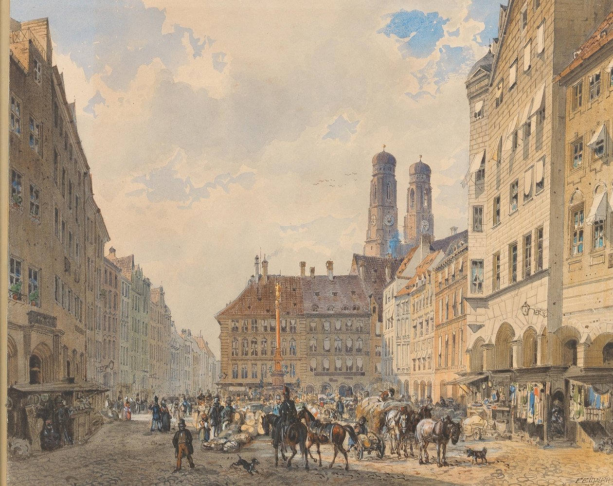 Marienplatz em Munique com a Frauenkirche ao fundo de Friedrich Eibner