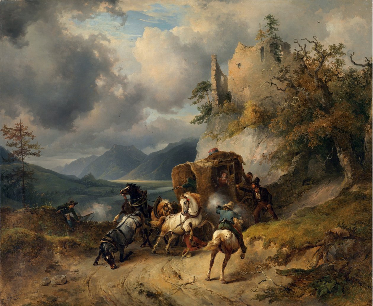 The Robbery par Gauermann, Friedrich August Matthias (1807-1862). Óleo sobre tela, tamanho : 60,5x74 de Friedrich Gauermann