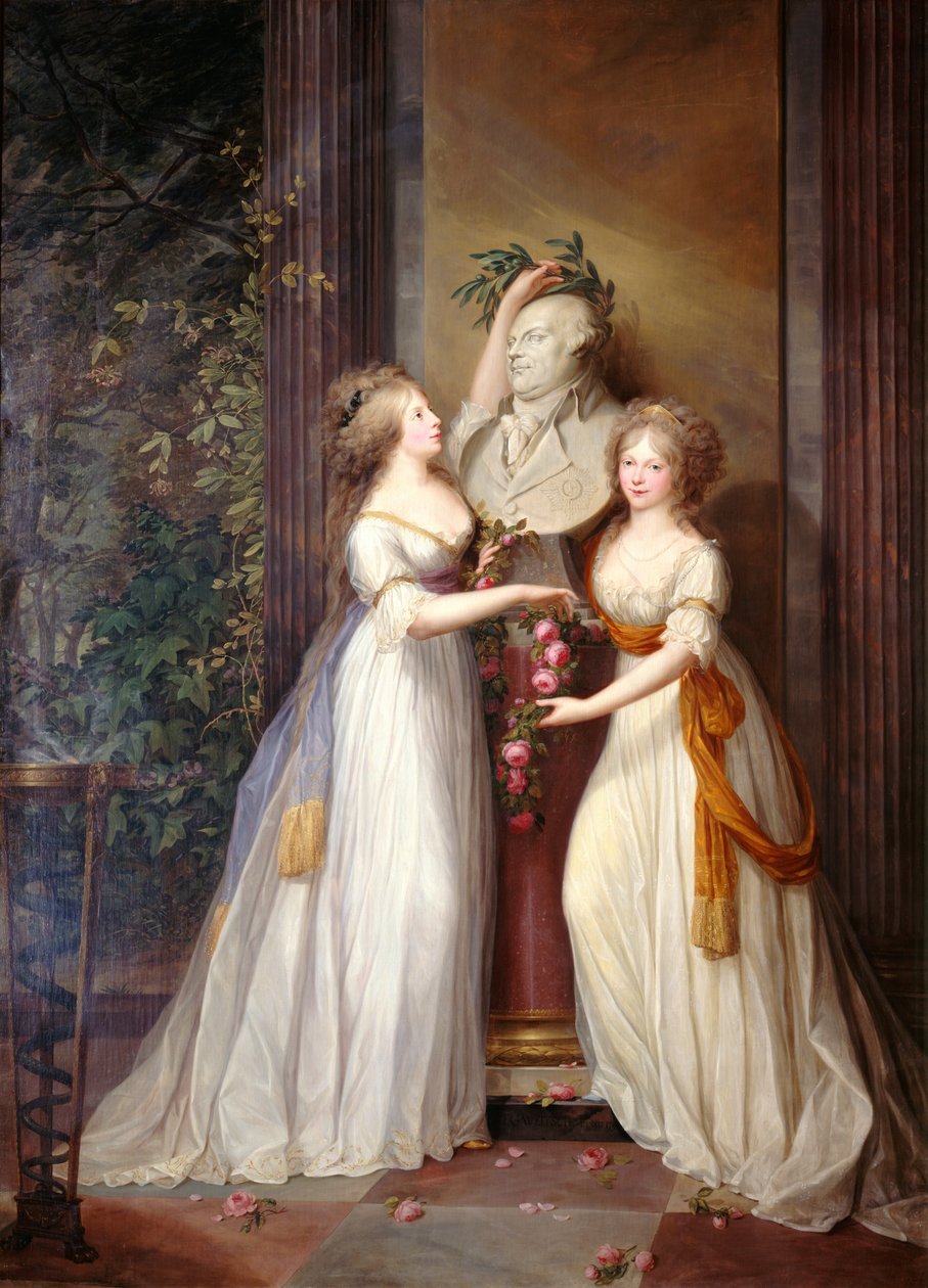 As princesas Louise e Frederica da Prússia coroam o busto de Frederick William II, 1795. de Friedrich Georg Weitsch