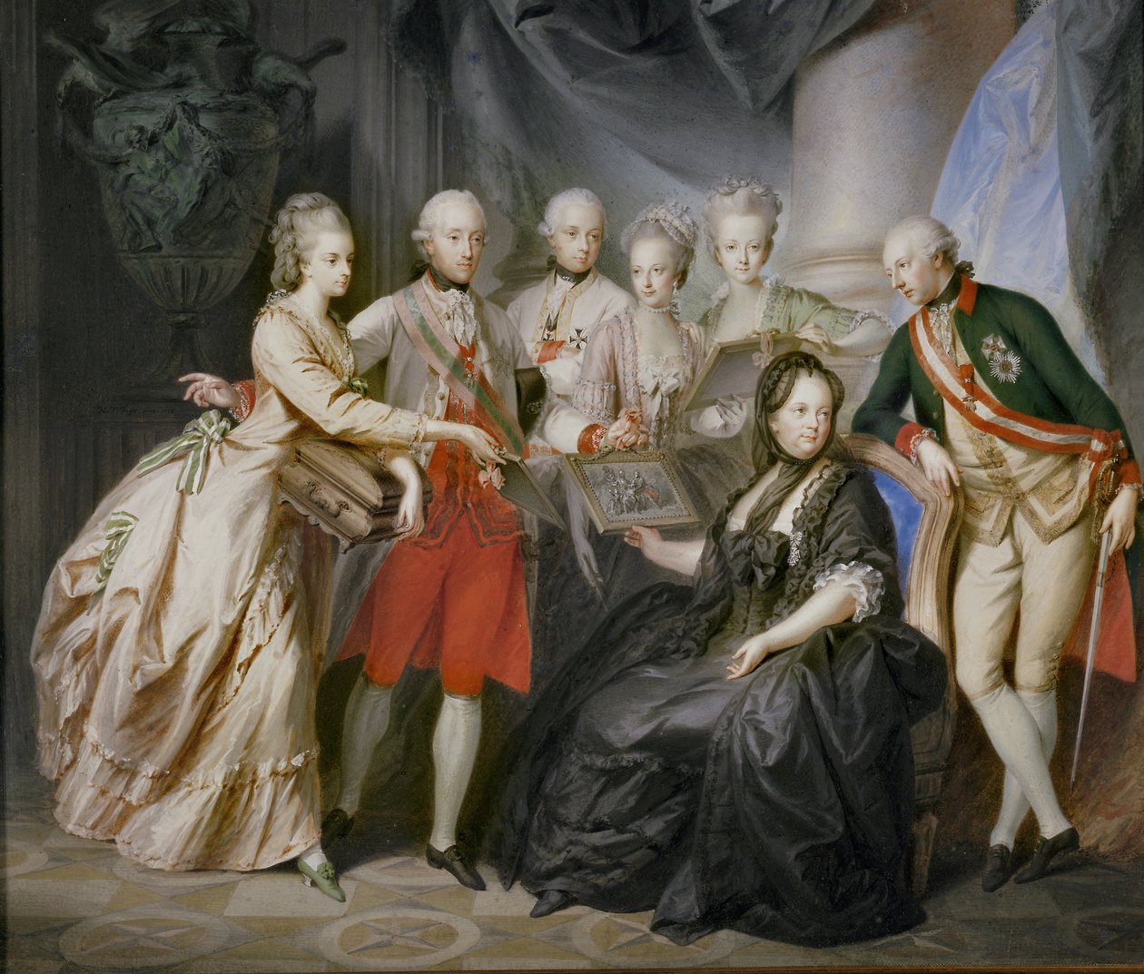 A imperatriz Maria Theresia rodeada pelos seus filhos, em lençois de viúva, após a morte do seu marido, o imperador Franz Stephan ... (pintura sobre tela) de Friedrich Heinrich Fuger