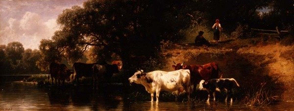 Regar o gado numa paisagem arborizada de Friedrich Johann Voltz