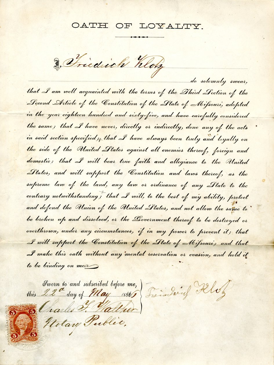 Juramento de lealdade de Friedrich Klotz do Missouri, Condado de St. Louis de Friedrich Klotz