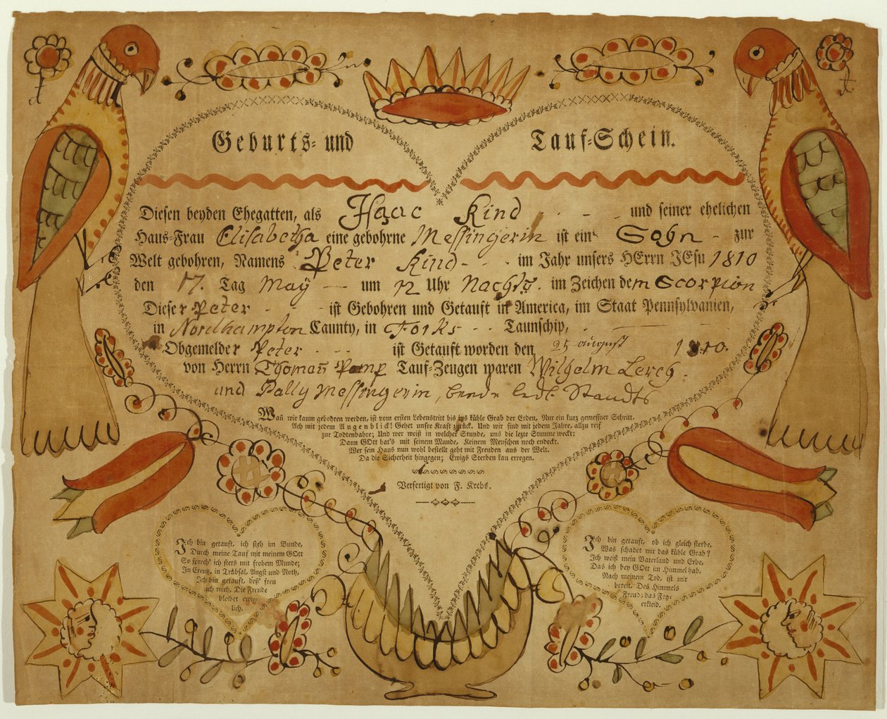 Certificado de Nascimento e Batismal, c. 1790-1800 (tinta oxgall, aquarela e gravura em papel) de Friedrich Krebs