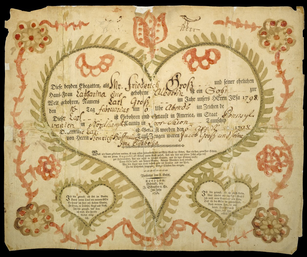 Certificado de Nascimento e Baptismo, c. 1800 (tinta oxgall, aguarela e gravura em papel vegetal) de Friedrich Krebs