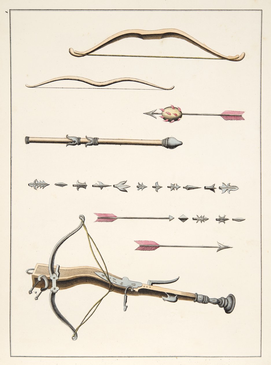 Arcos e flechas do século XIV-XV, placa de &39;Uma História do Desenvolvimento e Costumes de Cavalaria&39;, do Dr. Franz Kottenkamp, publicado por Carl Hoffmann, 1842 de Friedrich Martin von Reibisch