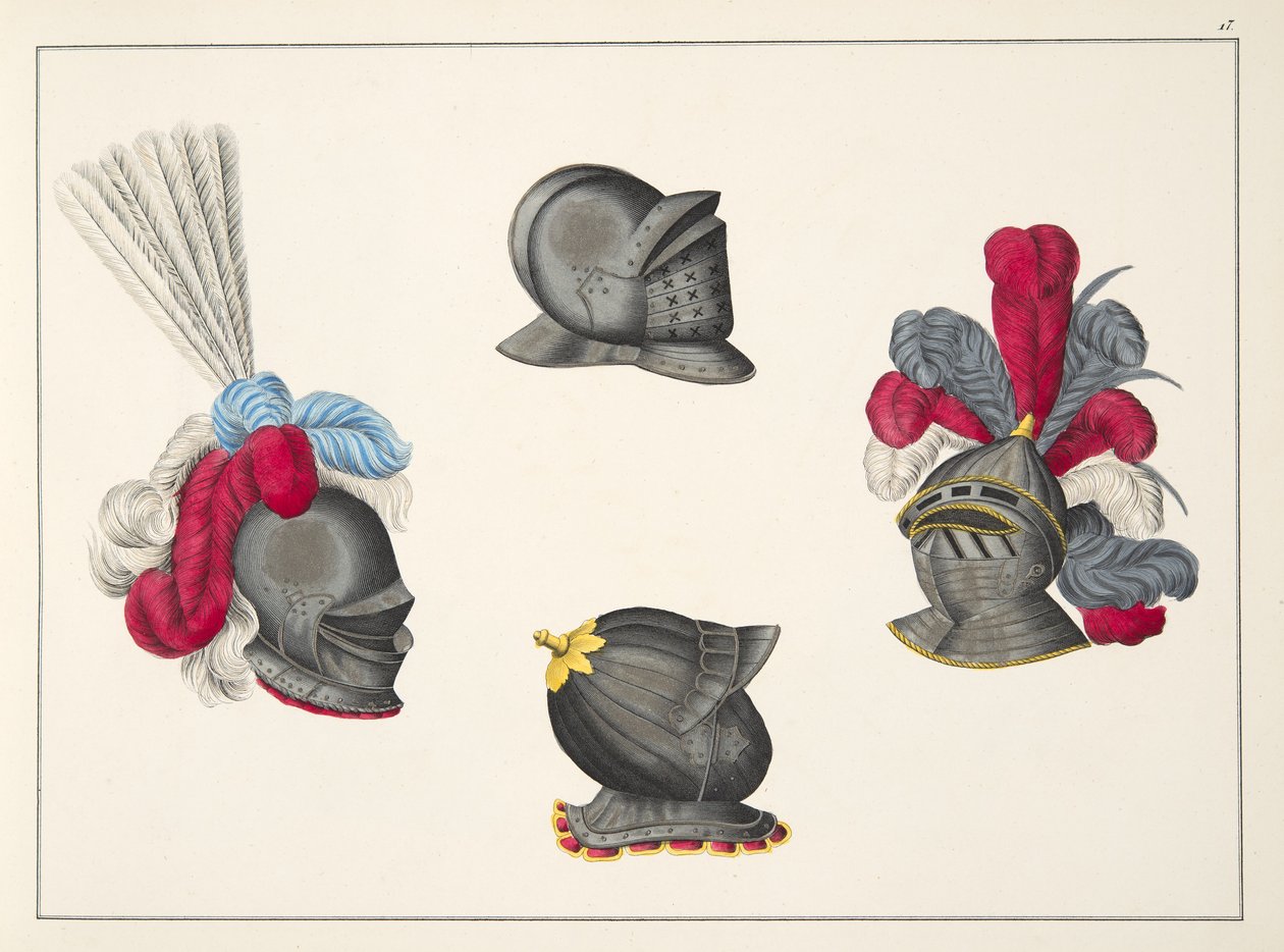 Capacetes, placa de &39;Uma História do Desenvolvimento e Costumes de Cavalaria&39;, do Dr. Franz Kottenkamp, publicado por Carl Hoffmann, 1842 de Friedrich Martin von Reibisch