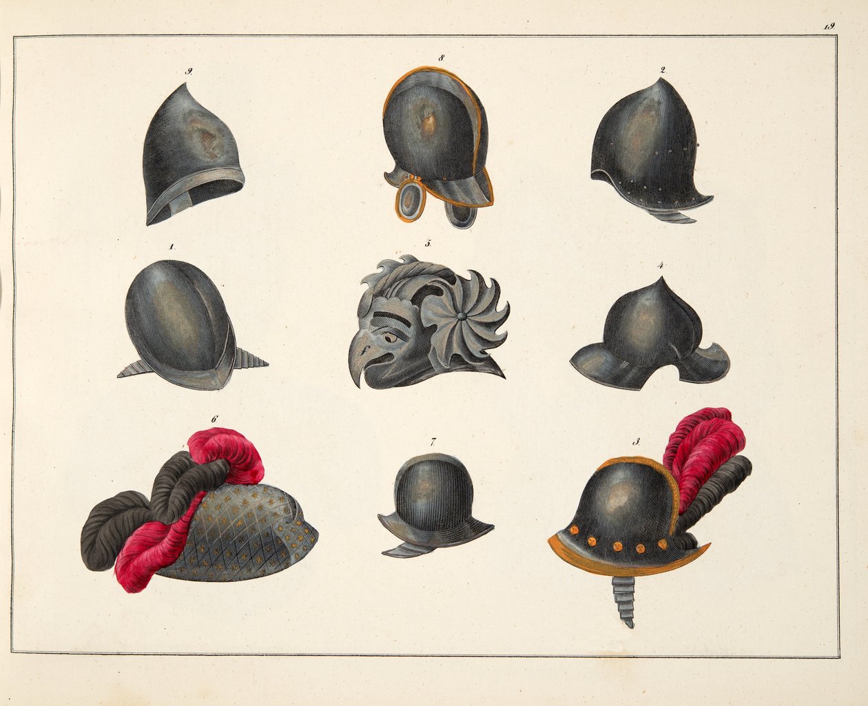 Capacetes, placa de &39;Uma História do Desenvolvimento e Costumes de Cavalaria&39;, do Dr. Franz Kottenkamp, publicado por Carl Hoffmann, 1842 de Friedrich Martin von Reibisch
