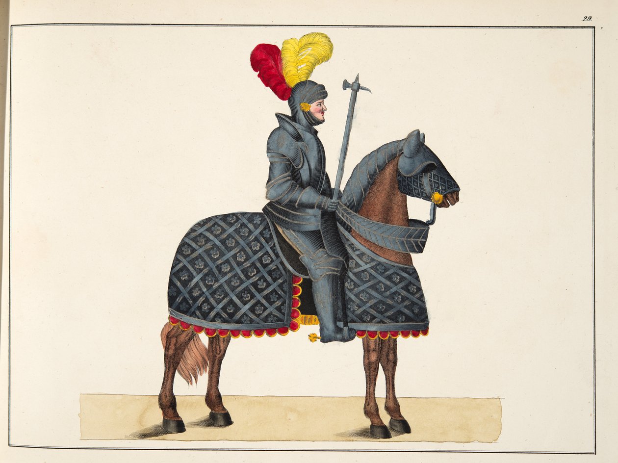Cavaleiro de armadura a cavalo, prato de "Uma História do Desenvolvimento e Costumes de Cavalaria", do Dr. Franz Kottenkamp, publicado por Carl Hoffmann, 1842 de Friedrich Martin von Reibisch