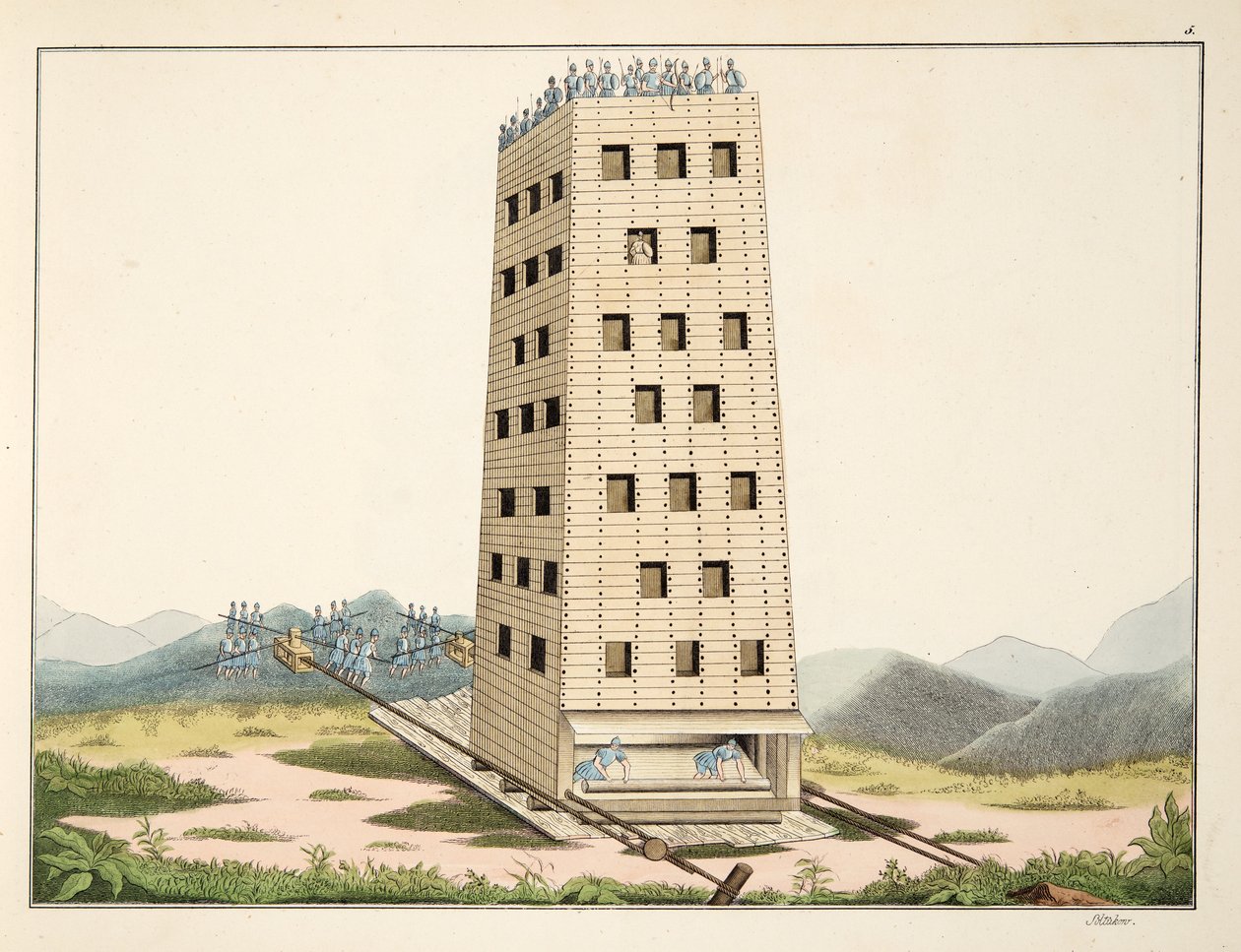 Torre móvel, projetada após a torre de César em Namur, placa de "Uma História do Desenvolvimento e Costumes de Cavalaria", do Dr. Franz Kottenkamp, publicada por Carl Hoffmann, 1842 de Friedrich Martin von Reibisch