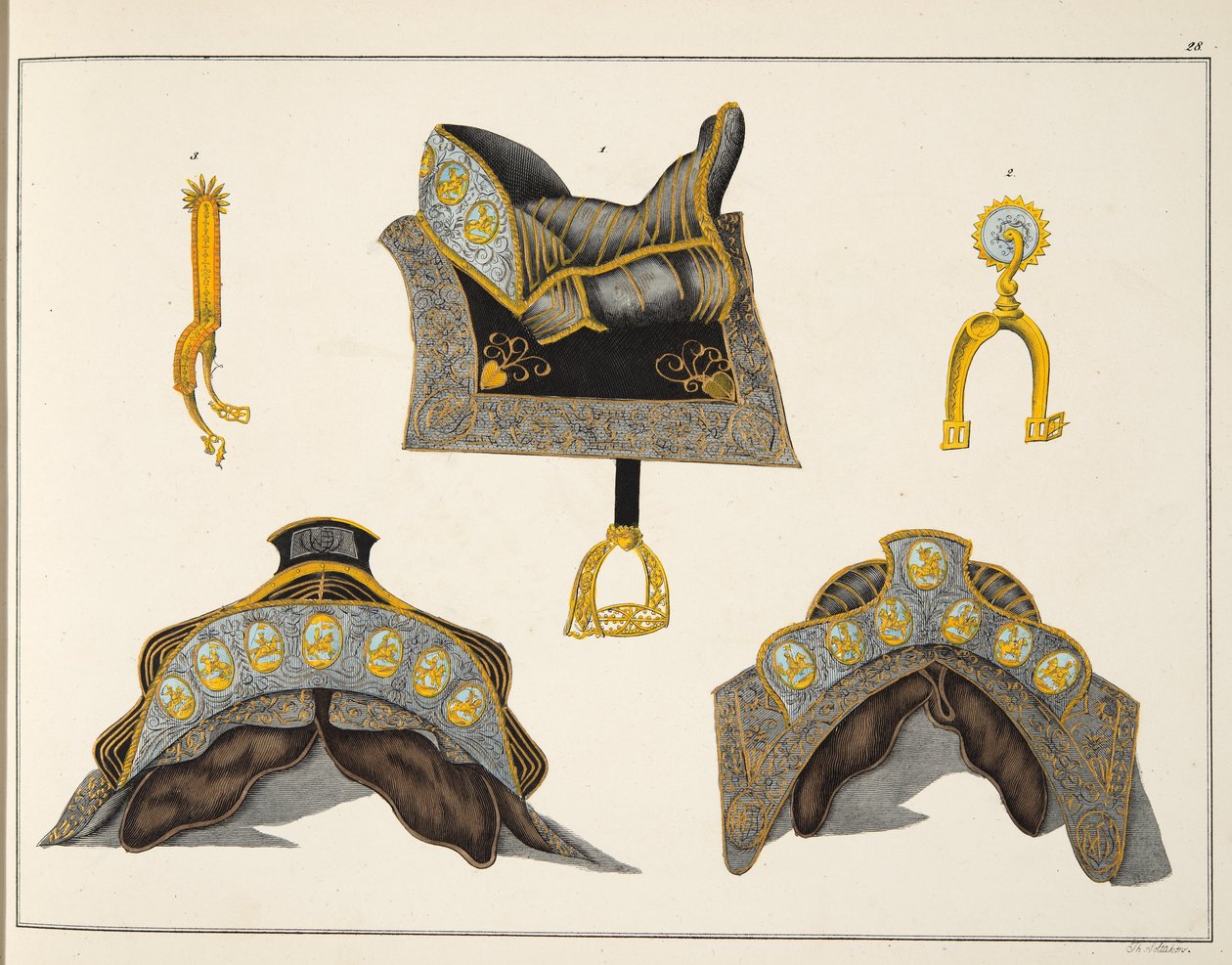 Selas e esporas, placa de &39;Uma História do Desenvolvimento e Costumes de Cavalaria&39;, do Dr. Franz Kottenkamp, publicado por Carl Hoffmann, 1842 de Friedrich Martin von Reibisch