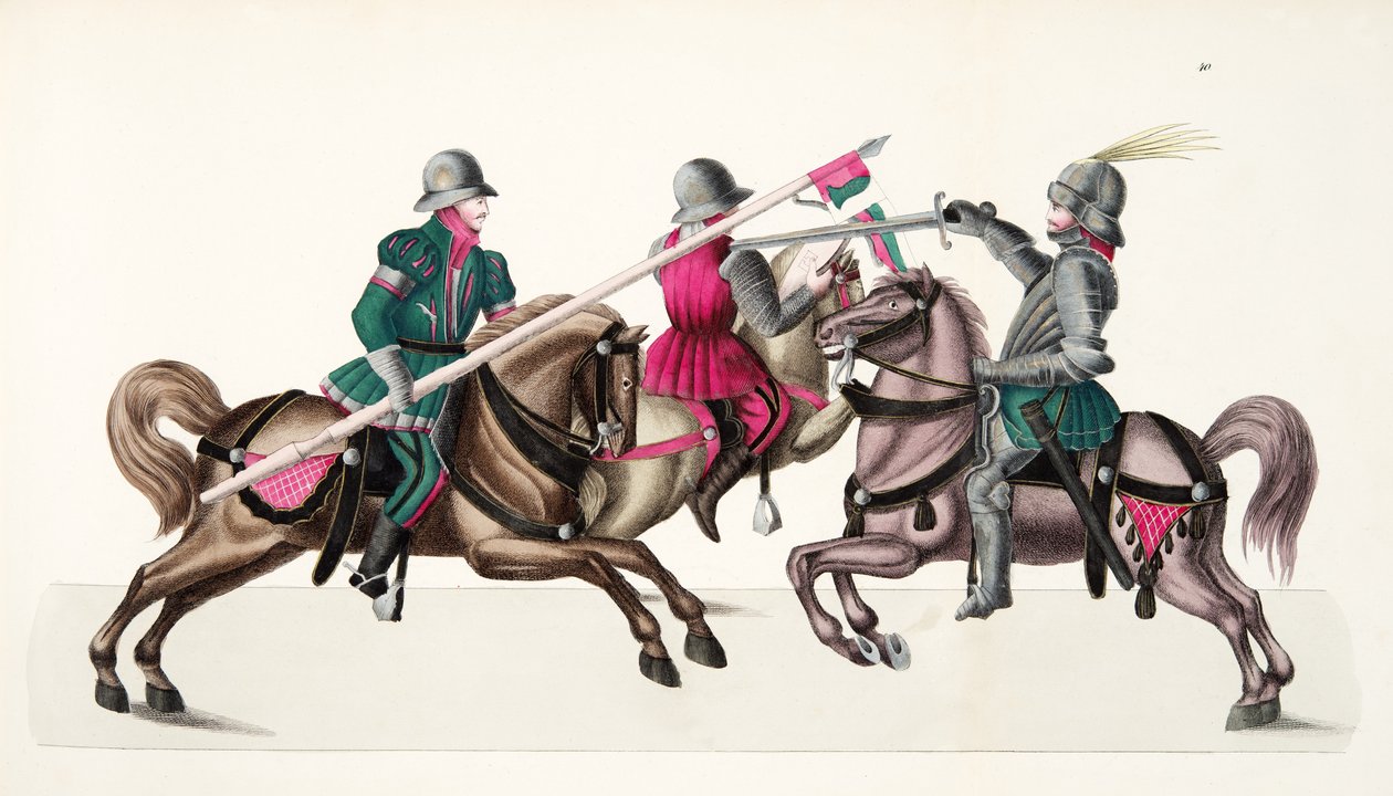 Três cavaleiros em um torneio, prato de &39;Uma História do Desenvolvimento e Costumes de Cavalaria&39;, do Dr. Franz Kottenkamp, publicado por Carl Hoffmann, 1842 de Friedrich Martin von Reibisch