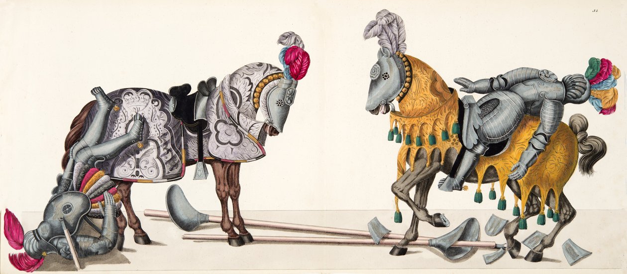 Dois cavaleiros feridos em um torneio, placa de "Uma História do Desenvolvimento e Costumes de Cavalaria", do Dr. Franz Kottenkamp, publicado por Carl Hoffmann, 1842 de Friedrich Martin von Reibisch