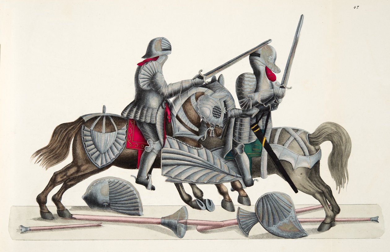 Dois cavaleiros em um torneio, placa de "Uma História do Desenvolvimento e Costumes de Cavalaria", do Dr. Franz Kottenkamp, publicado por Carl Hoffmann, 1842 de Friedrich Martin von Reibisch