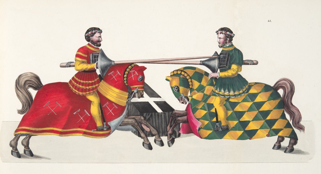Dois cavaleiros em um torneio, placa de "Uma História do Desenvolvimento e Costumes de Cavalaria", do Dr. Franz Kottenkamp, publicado por Carl Hoffmann, 1842 de Friedrich Martin von Reibisch