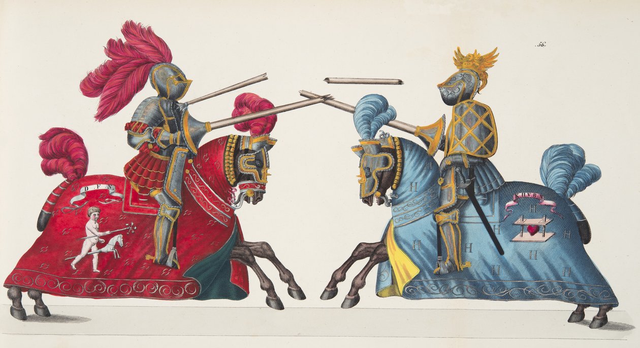 Dois cavaleiros em um torneio, placa de "Uma História do Desenvolvimento e Costumes de Cavalaria", do Dr. Franz Kottenkamp, publicado por Carl Hoffmann, 1842 de Friedrich Martin von Reibisch