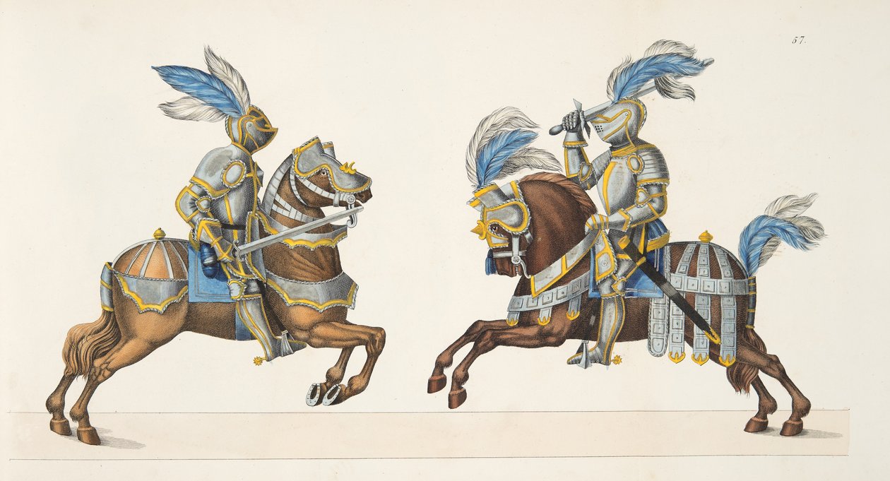 Dois cavaleiros em um torneio, placa de "Uma História do Desenvolvimento e Costumes de Cavalaria", do Dr. Franz Kottenkamp, publicado por Carl Hoffmann, 1842 de Friedrich Martin von Reibisch