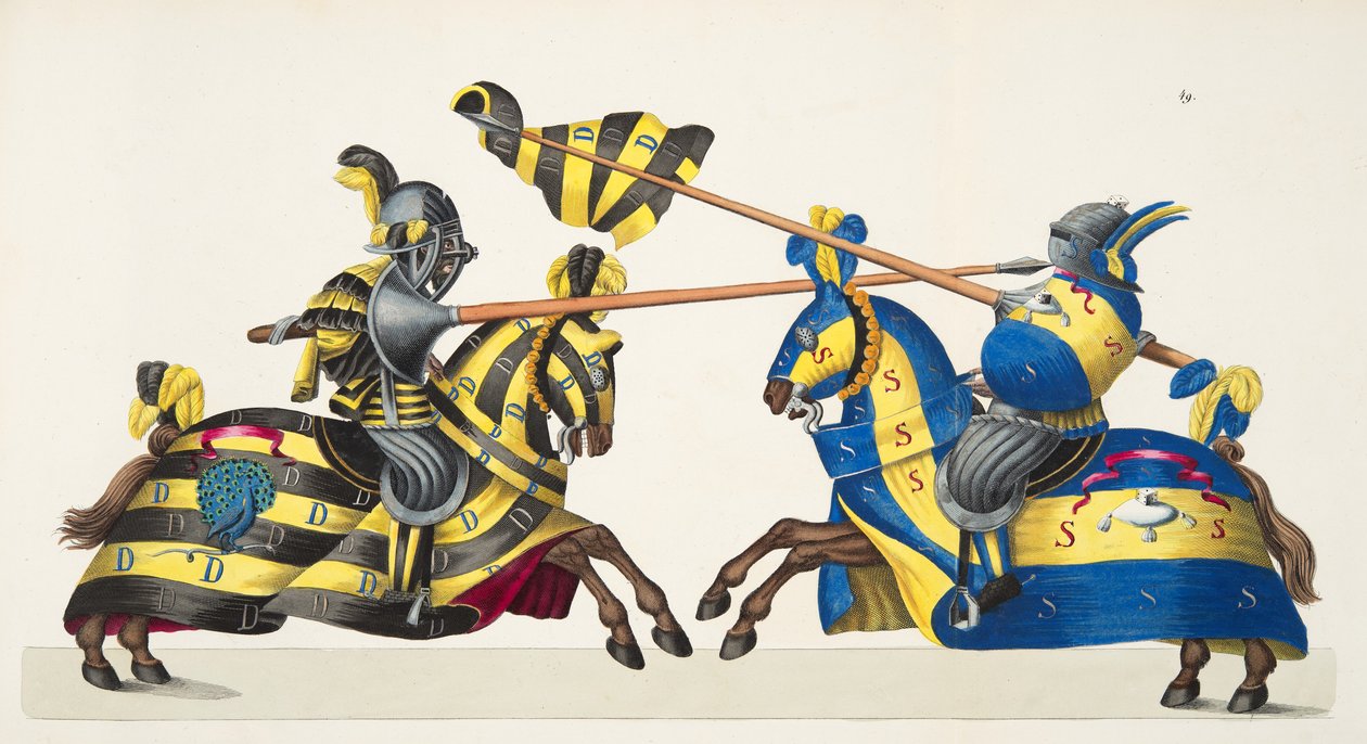 Dois cavaleiros em um torneio, placa de "Uma História do Desenvolvimento e Costumes de Cavalaria", do Dr. Franz Kottenkamp, publicado por Carl Hoffmann, 1842 de Friedrich Martin von Reibisch