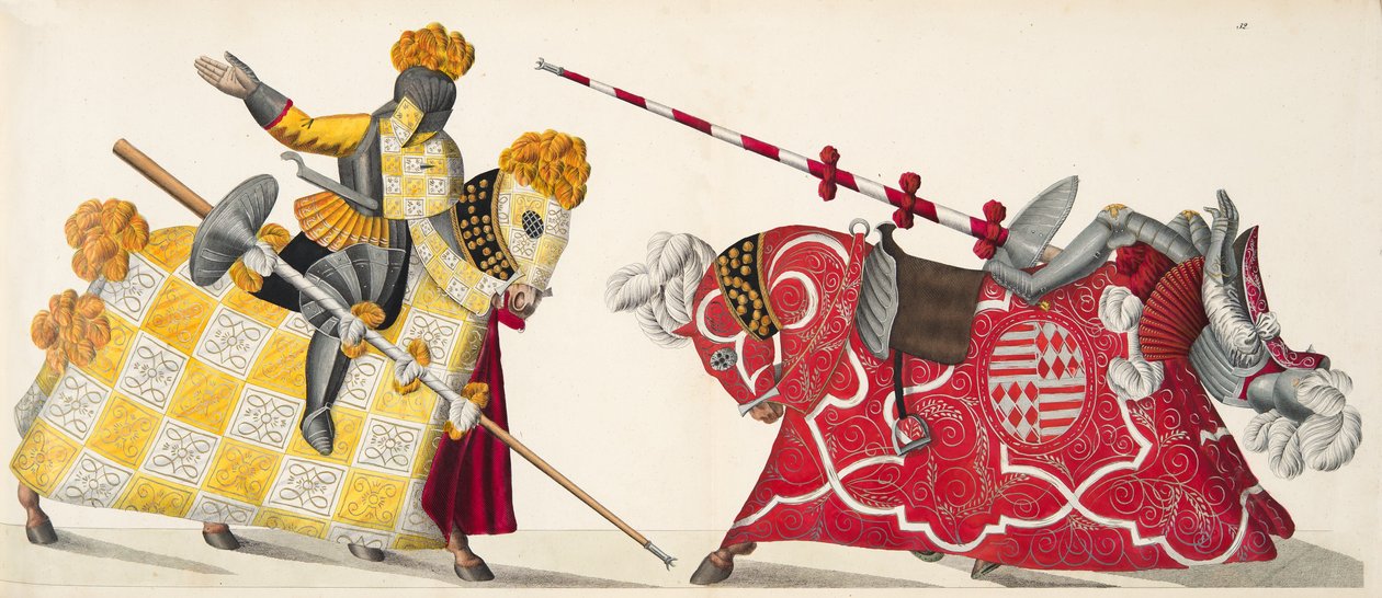 Dois cavaleiros em um torneio, placa de "Uma História do Desenvolvimento e Costumes de Cavalaria", do Dr. Franz Kottenkamp, publicado por Carl Hoffmann, 1842 de Friedrich Martin von Reibisch