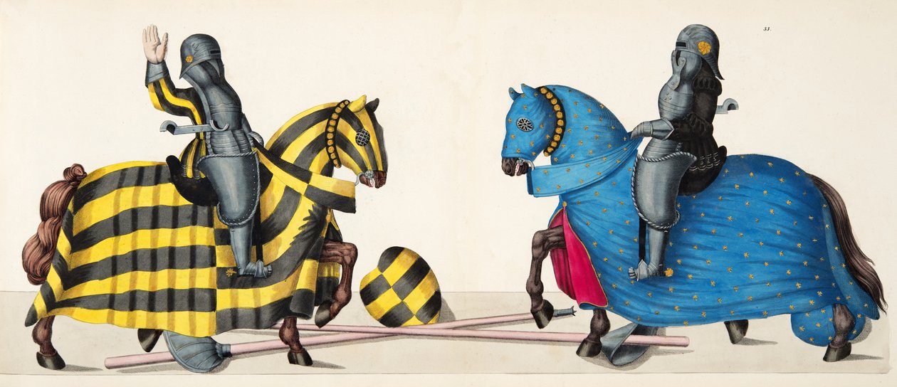 Dois cavaleiros em um torneio, placa de "Uma História do Desenvolvimento e Costumes de Cavalaria", do Dr. Franz Kottenkamp, publicado por Carl Hoffmann, 1842 de Friedrich Martin von Reibisch