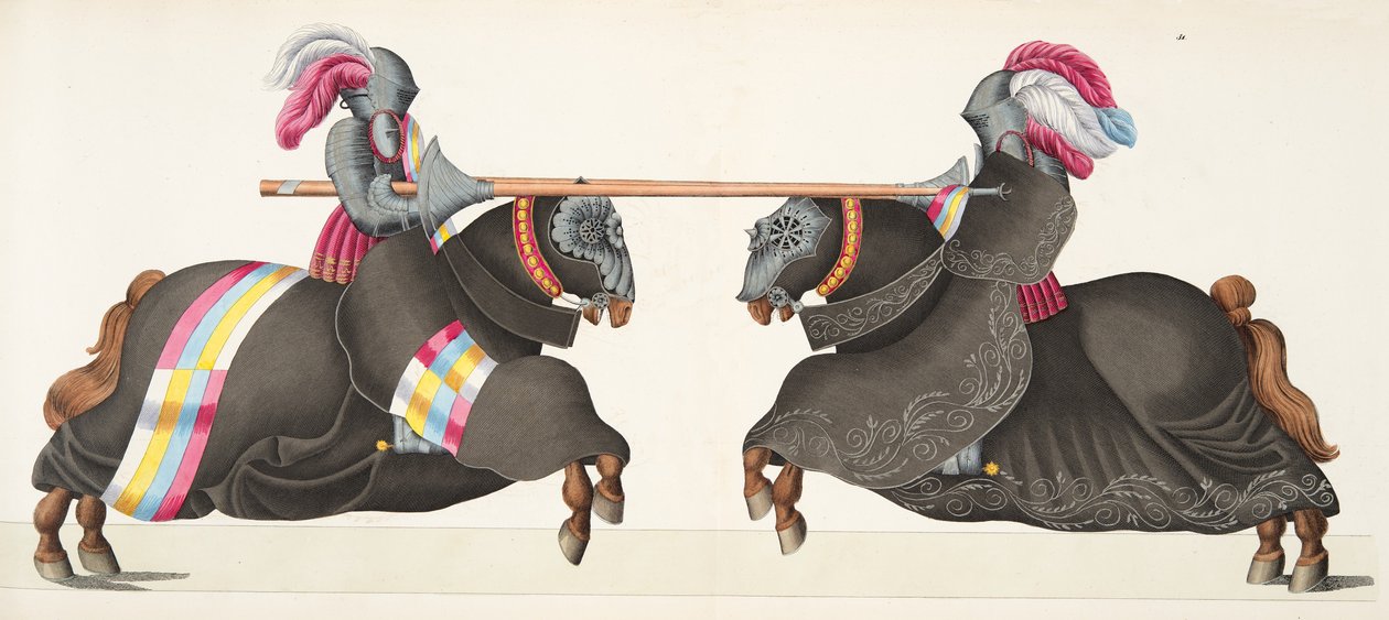 Dois cavaleiros em um torneio, placa de "Uma História do Desenvolvimento e Costumes de Cavalaria", do Dr. Franz Kottenkamp, publicado por Carl Hoffmann, 1842 de Friedrich Martin von Reibisch