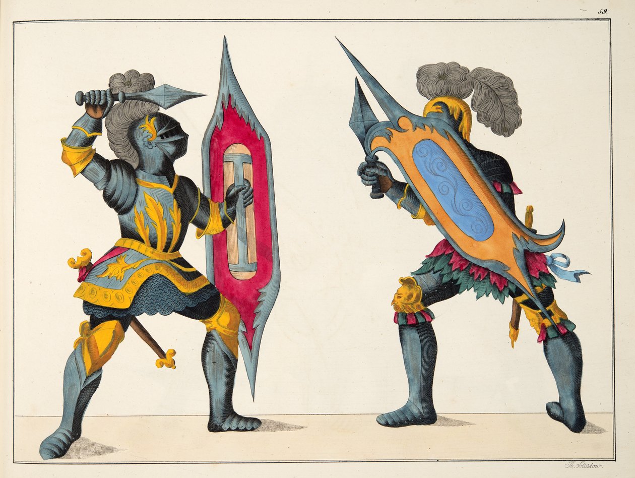 Dois cavaleiros lutando, prato de &39;Uma História do Desenvolvimento e Costumes de Cavalaria&39;, do Dr. Franz Kottenkamp, publicado por Carl Hoffmann, 1842 de Friedrich Martin von Reibisch