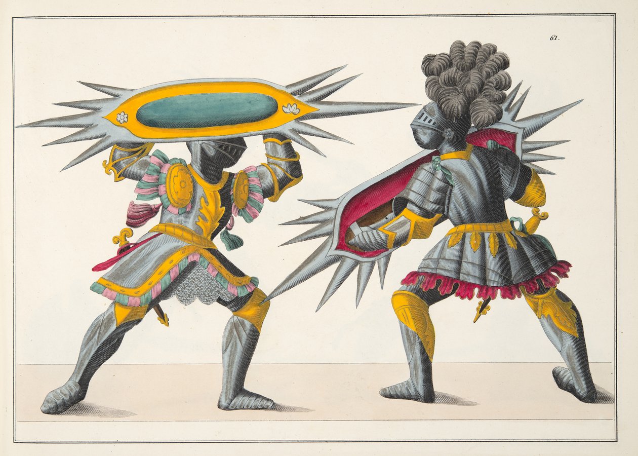 Dois cavaleiros lutando, prato de &39;Uma História do Desenvolvimento e Costumes de Cavalaria&39;, do Dr. Franz Kottenkamp, publicado por Carl Hoffmann, 1842 de Friedrich Martin von Reibisch