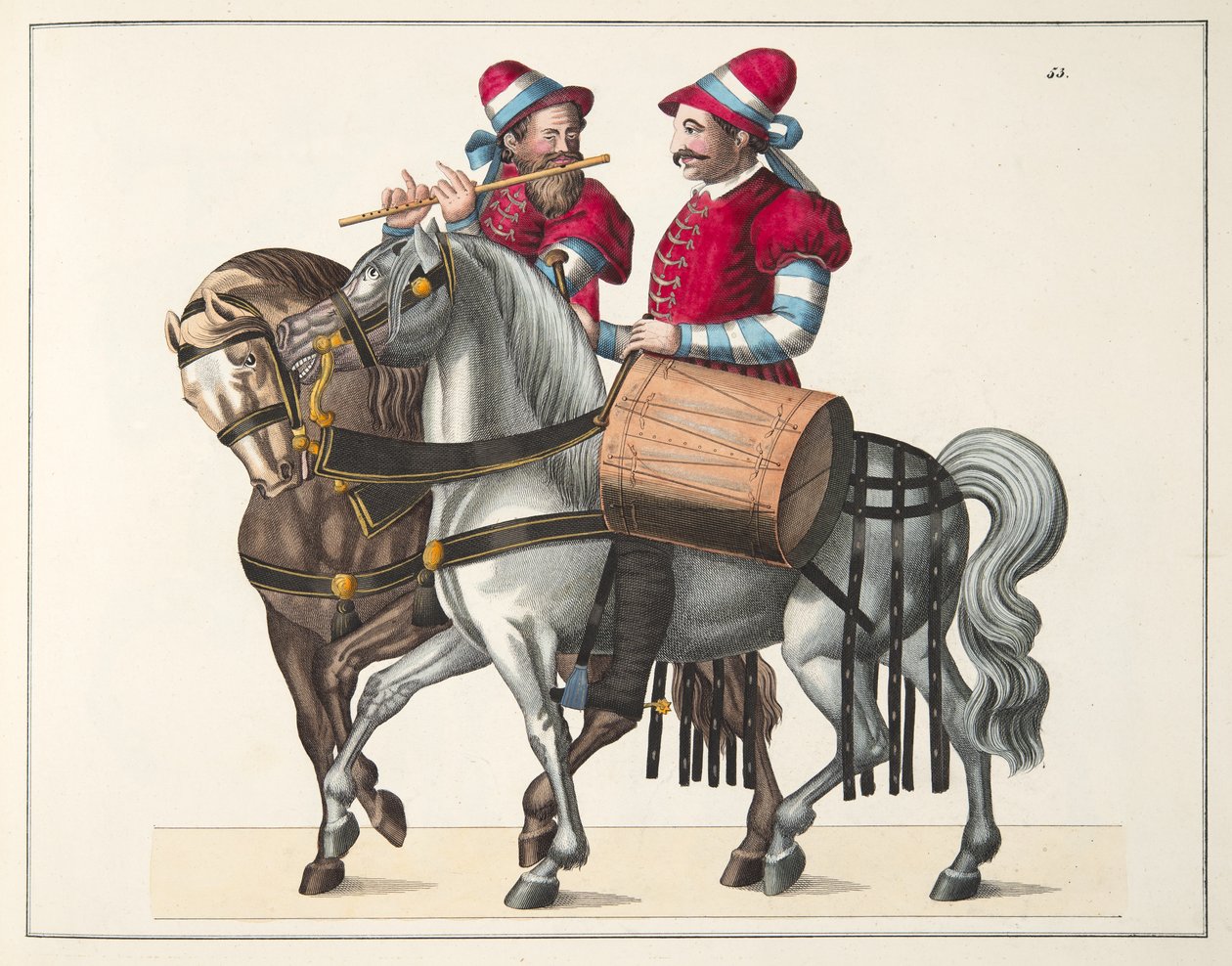 Dois músicos em um torneio, prato de A História do Desenvolvimento e Costumes de Cavalaria, do Dr. Franz Kottenkamp, publicado por Carl Hoffmann, 1842 de Friedrich Martin von Reibisch