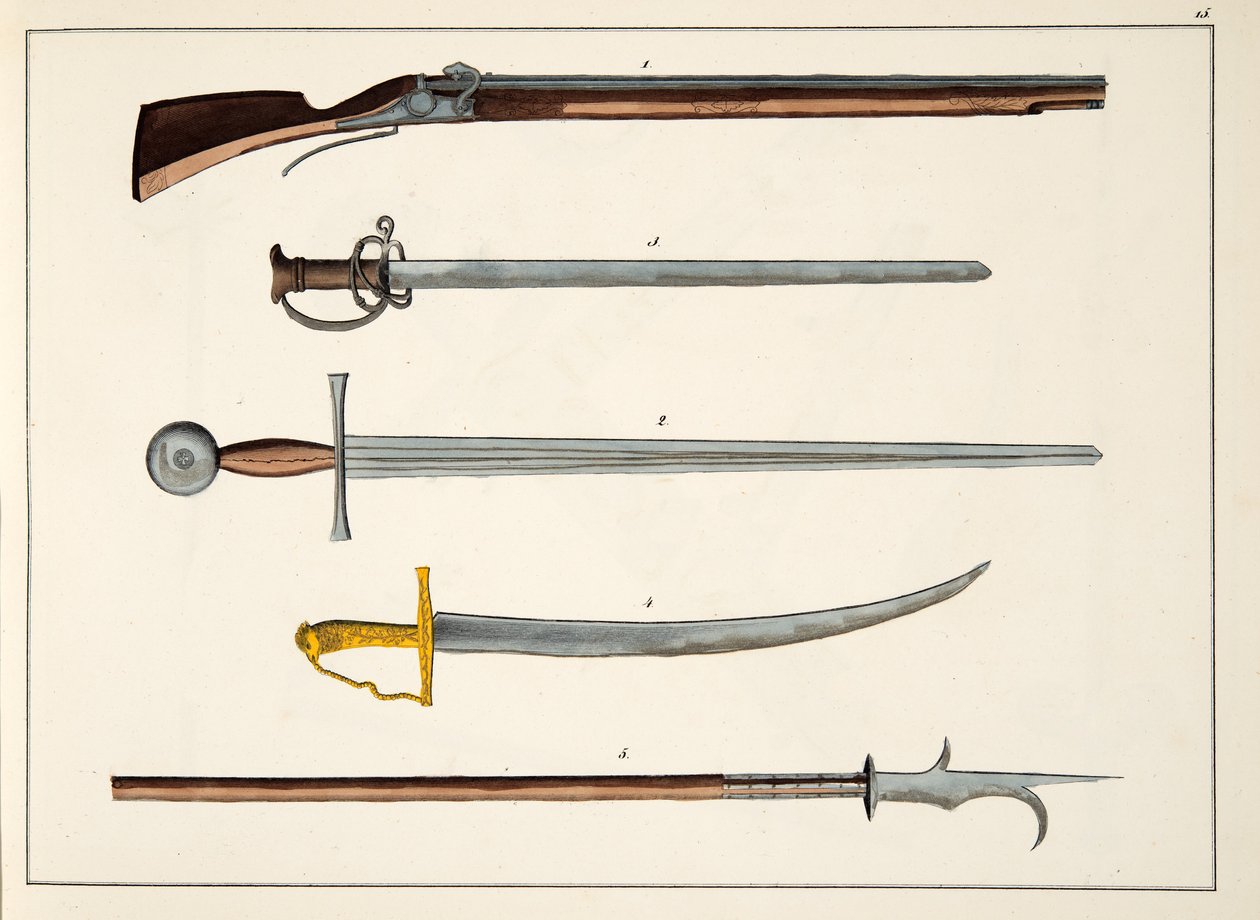 Armas incluindo espadas e lanças, c.1400, placa de A History of the Development and Customs of Chivalry, do Dr. Franz Kottenkamp, publicado por Carl Hoffmann, 1842 de Friedrich Martin von Reibisch