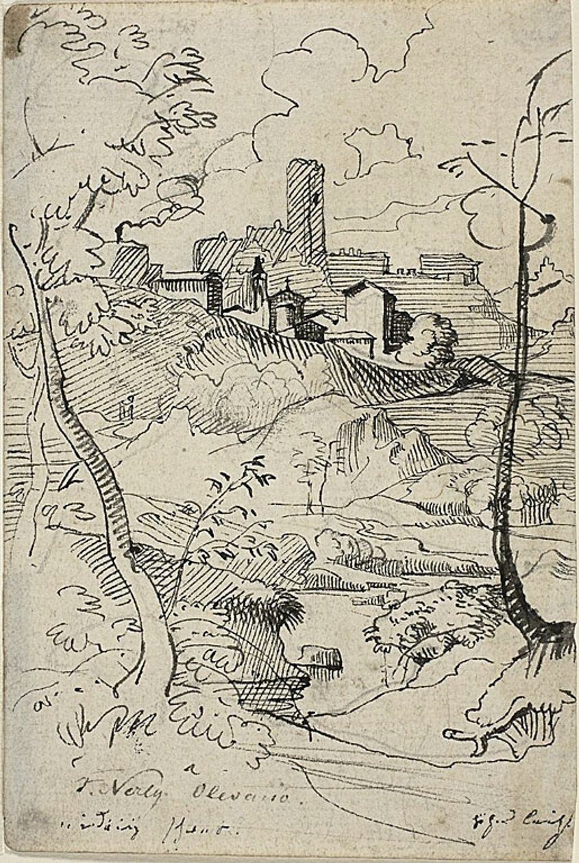 Cidade italiana com rio (frente); vista de uma cidade (verso) de Friedrich Nerly