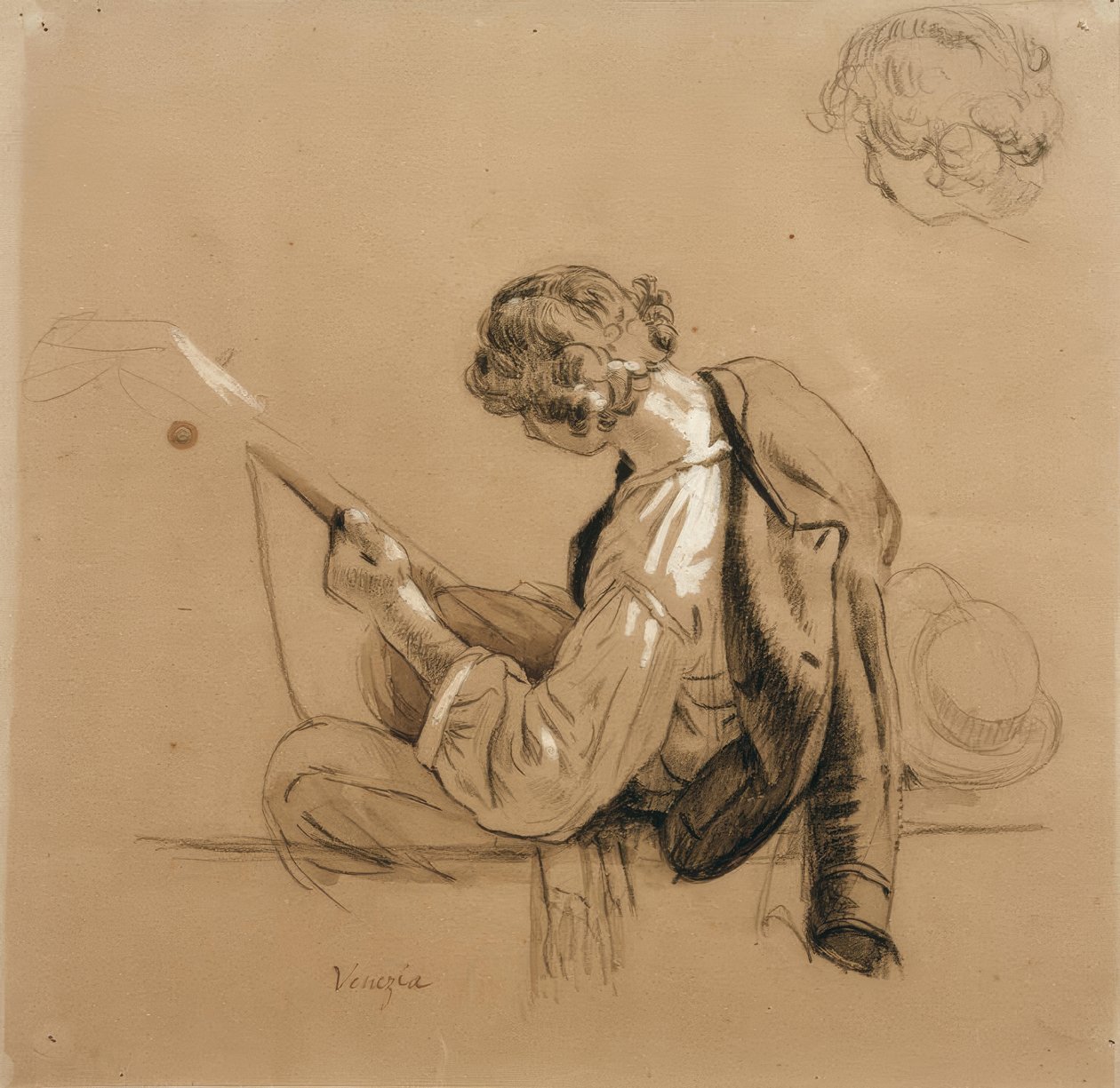 Tocador de alaúde sentado; estudo de cabeça de Friedrich Nerly