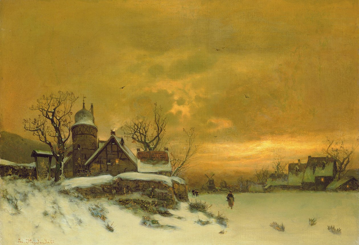 Paisagem de inverno com vista dos edifícios à noite de Friedrich Nicolai Joseph Heydendahl