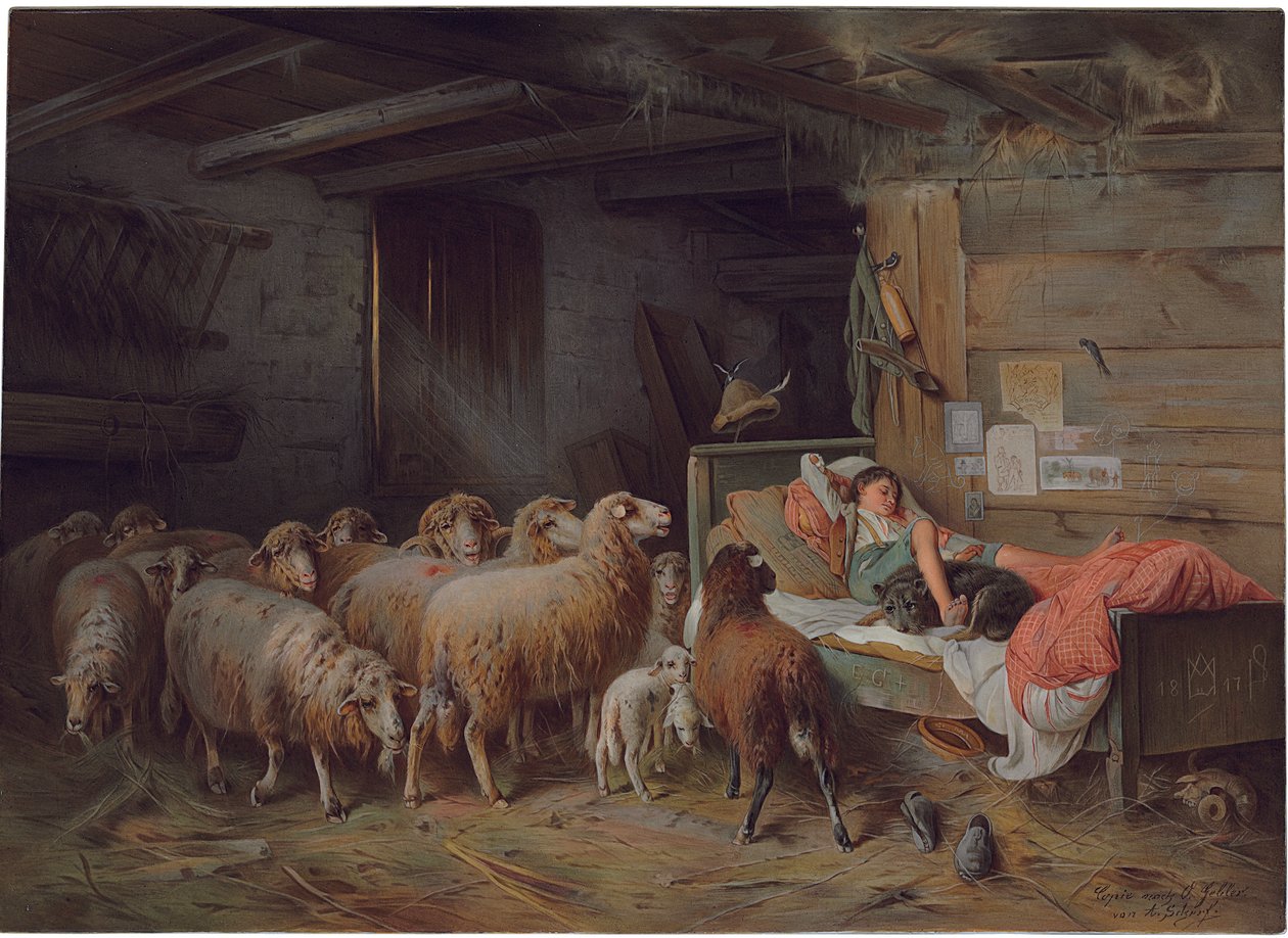 Placa representando um pastor dormindo com seu cão, um rebanho autônomo ao seu lado, final do século XIX - início do século XX de Friedrich Otto Gebler